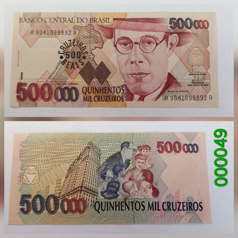 Cédula de 500.000 Cruzeiros com Carimbo de 500 Cruzeiros Reais — Mário de Andrade