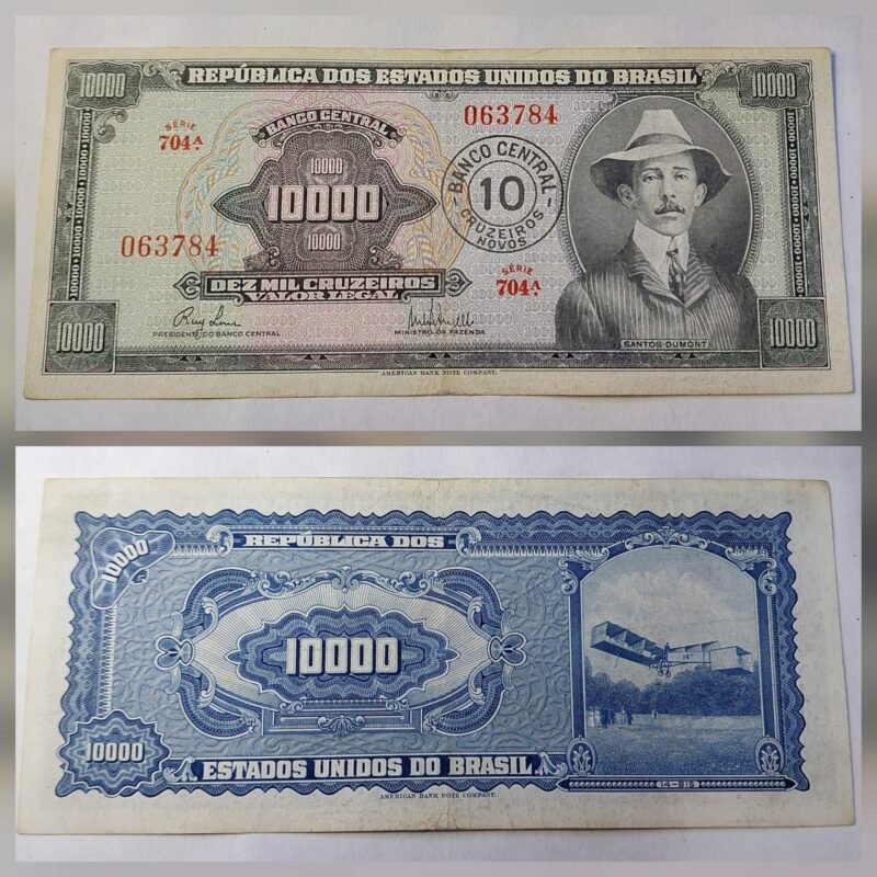 Cédula de 10.000 Cruzeiros com Carimbo de 10 Cruzeiros Novos — Santos Dumont — 1ª Estampa