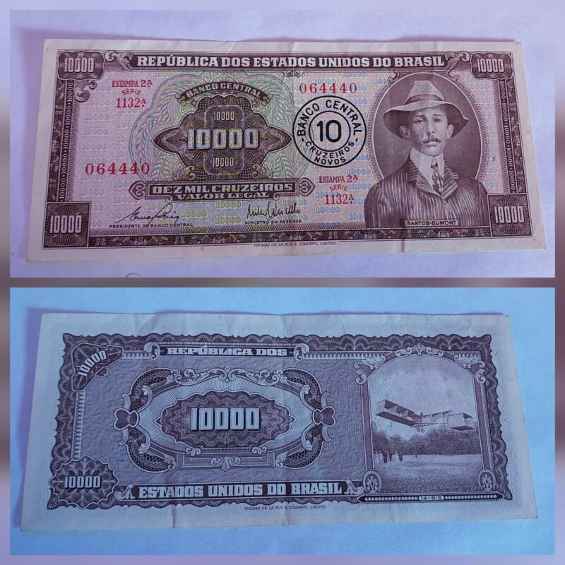 Cédula 10.000 Cruzeiros com Carimbo de 10 Cruzeiros Novos – Santos Dumont – 2ª Estampa